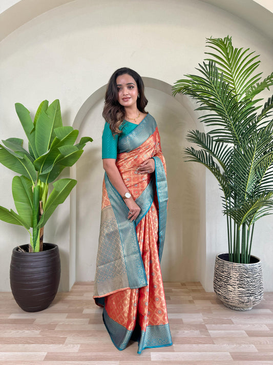 Designer Silk Zari Weaving Orange Color Saree