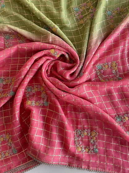 Glimmering Viscose Chiffon Pink & Perrot Color Saree