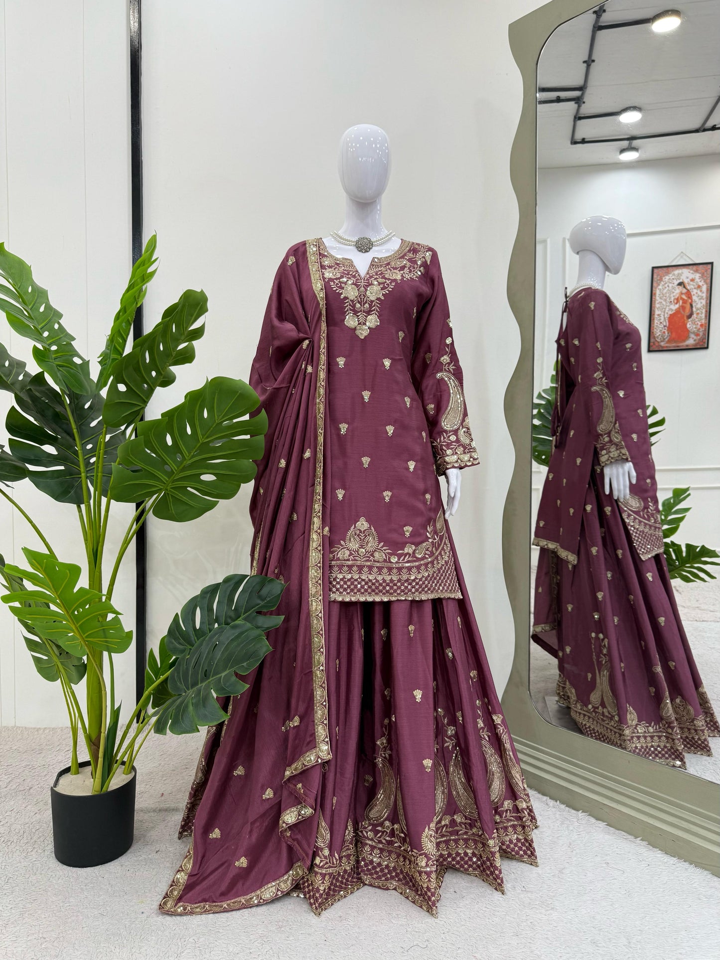 Wonderful Chinon Silk Wine Color Palazzo Suit