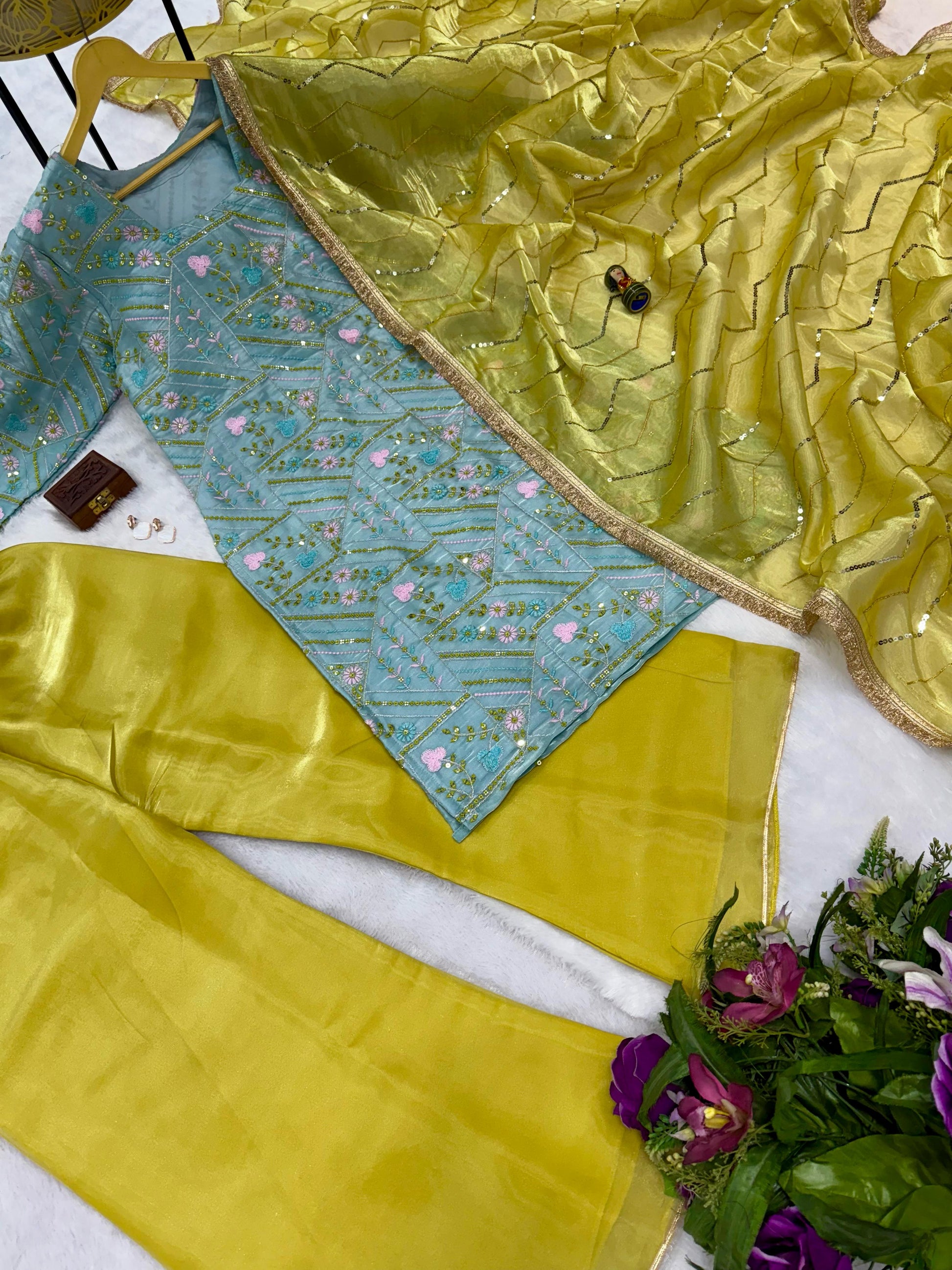 Superhit Jimmy Choo Sky Blue & Yellow Color Palazzo Suit