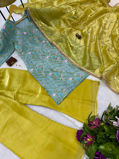 Superhit Jimmy Choo Sky Blue & Yellow Color Palazzo Suit