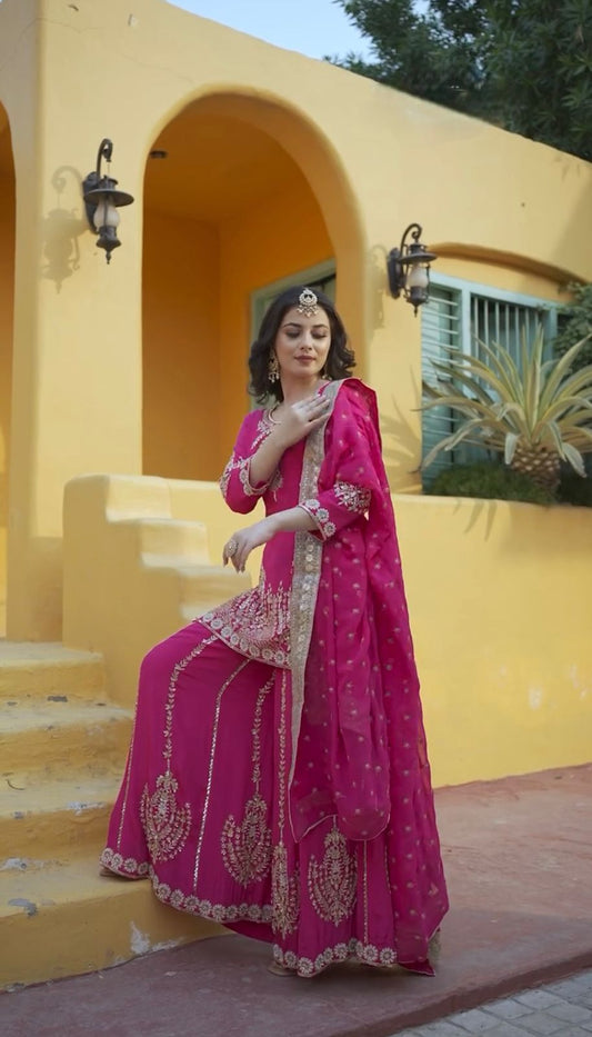 Glossy Chinon Silk Pink Color Sharara Suit