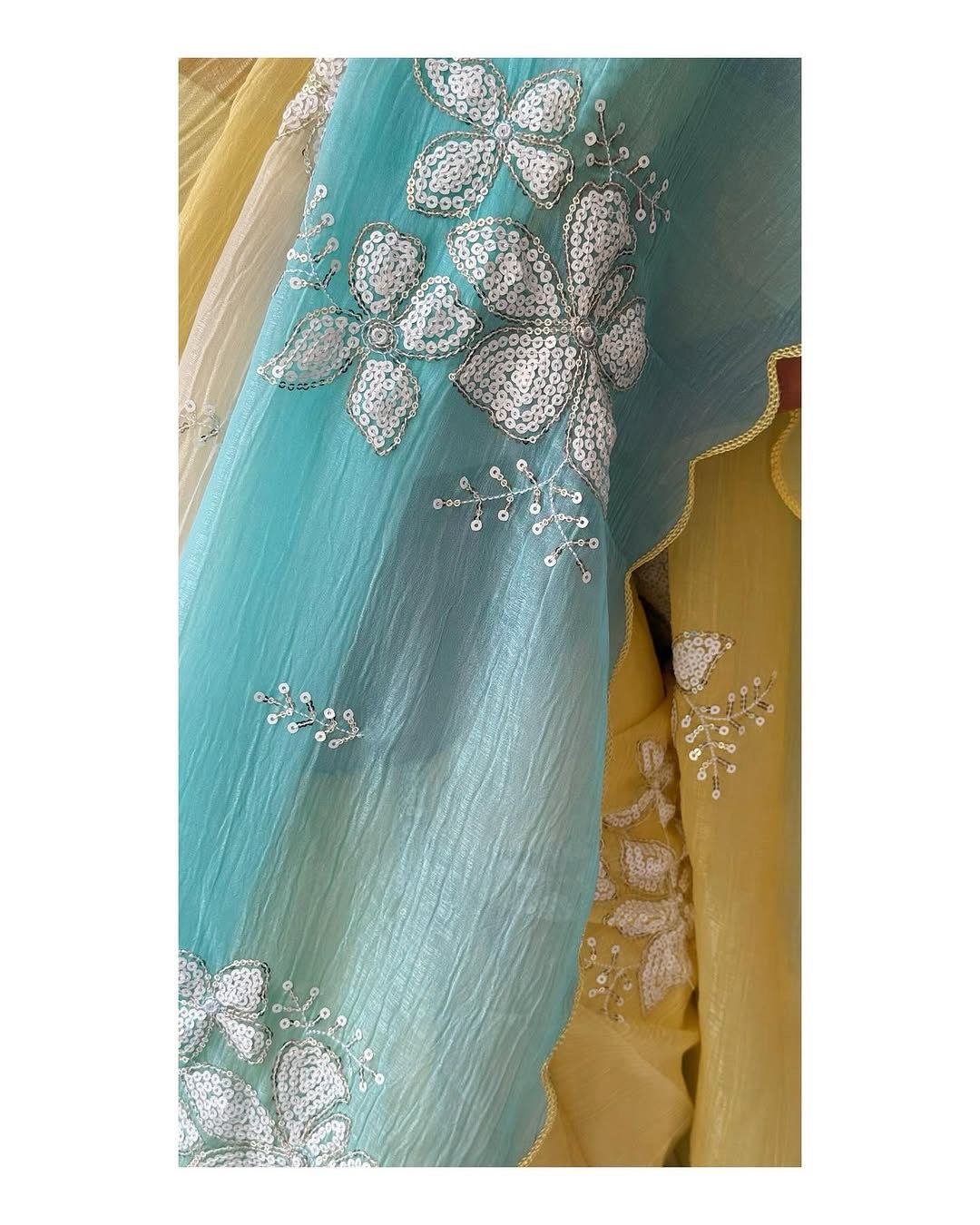 Awesome Embroidery Work Sky & Yellow Multi Color Saree