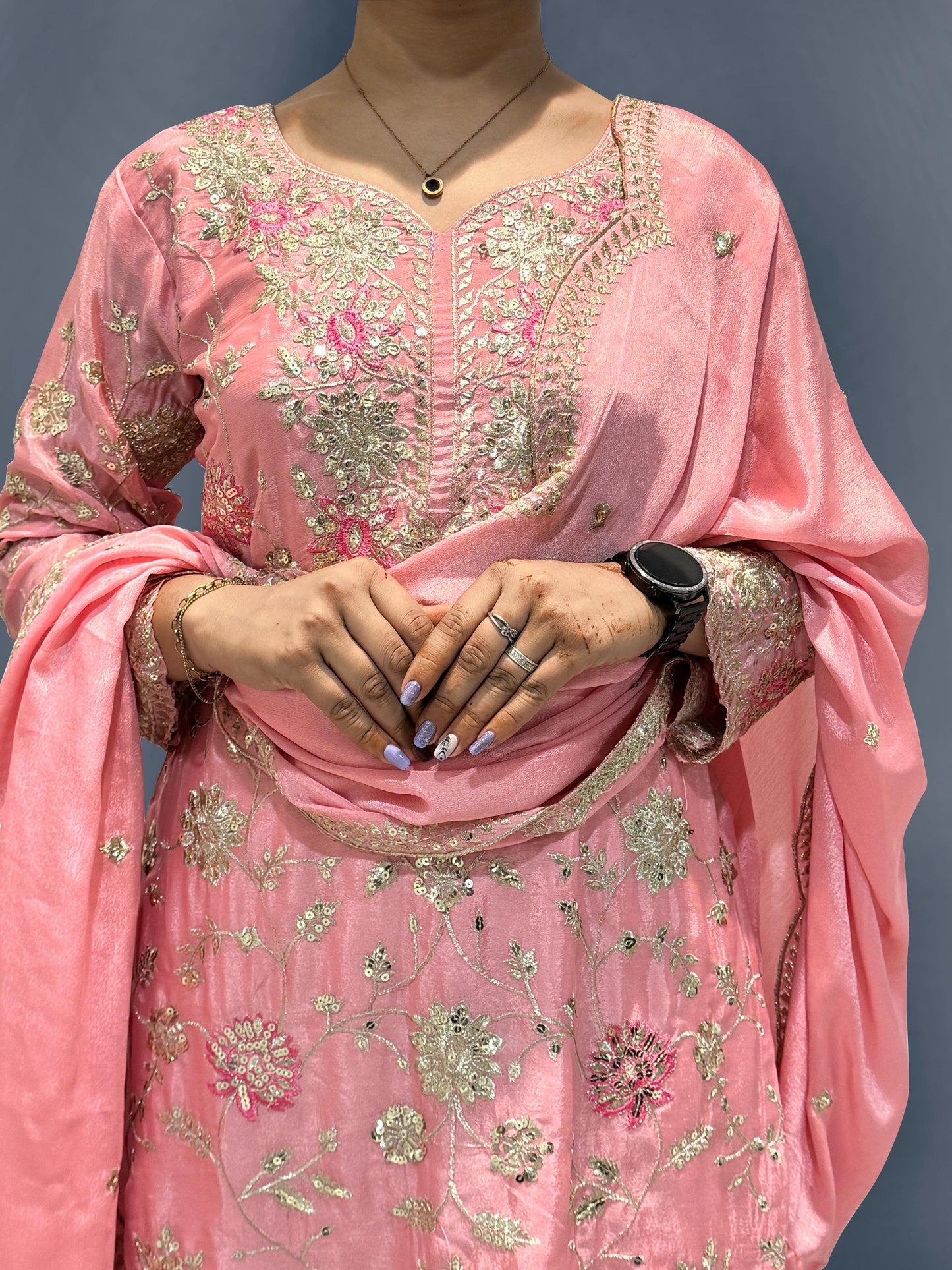 Outstanding Sequence And Thread Work Pink Color Sharara Suit