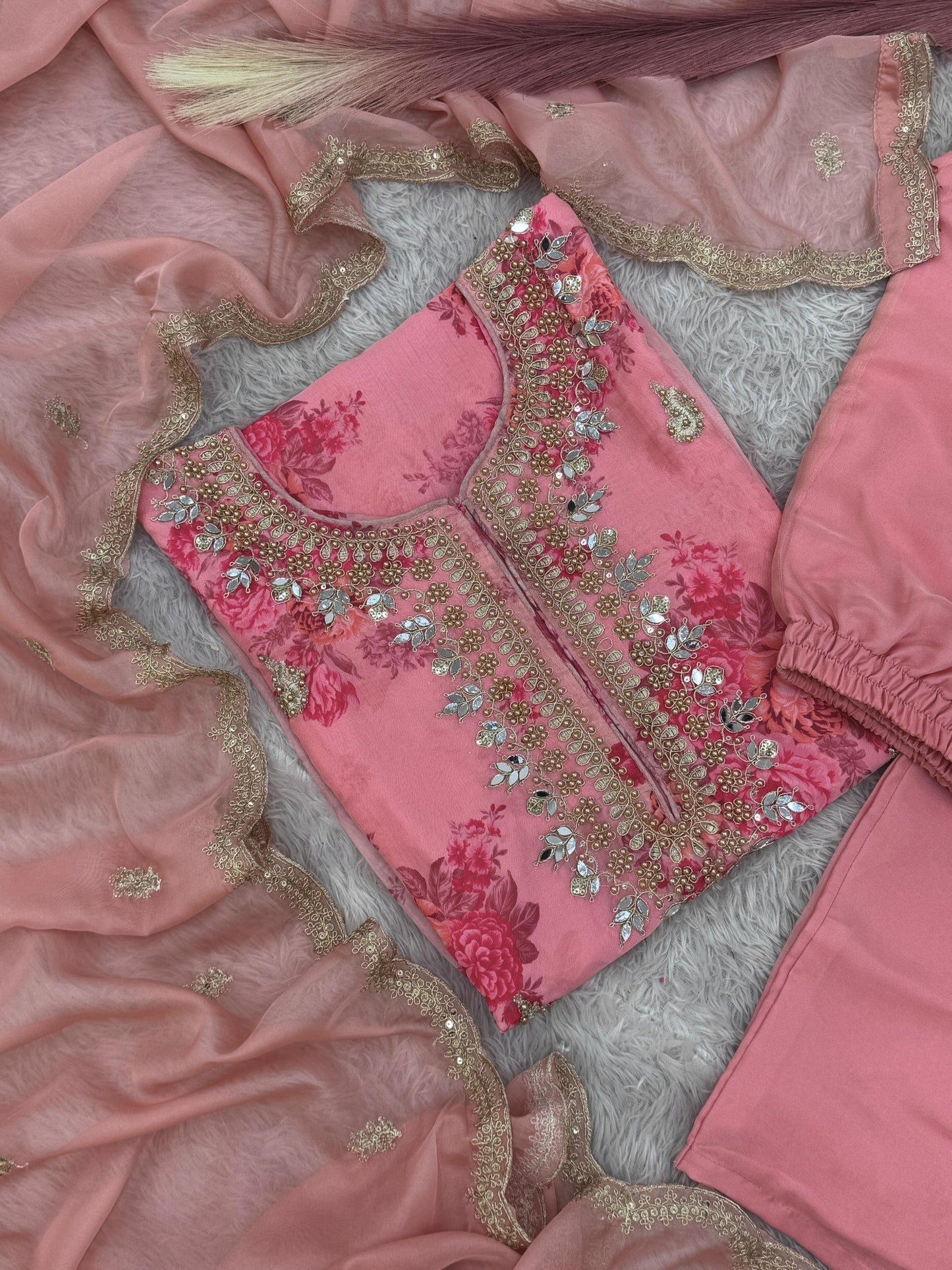 Flattering Sequence Heavy Stone Mirror Hand Work Pink Color Palazzo Suit