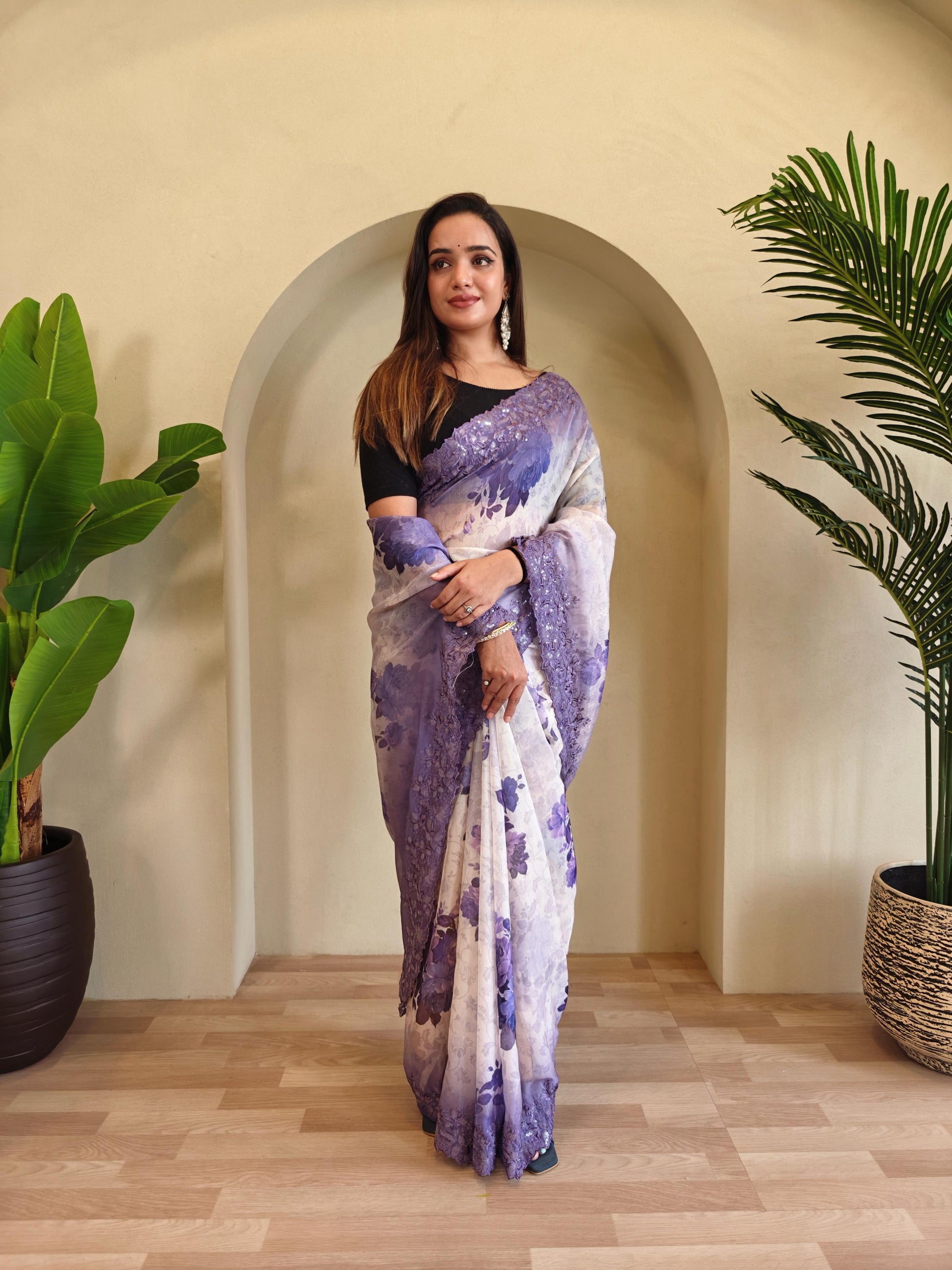 Casual Wear Purple Color Digital Print Organza Saree