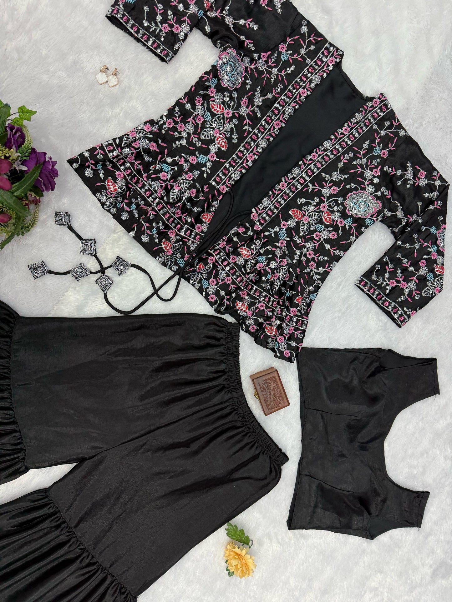 Delightful Chinon Silk Black Color Sharara Suit