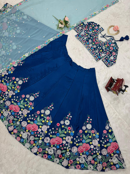 Fantastic Chinon Silk Sequence Work Blue Color Lehenga Choli