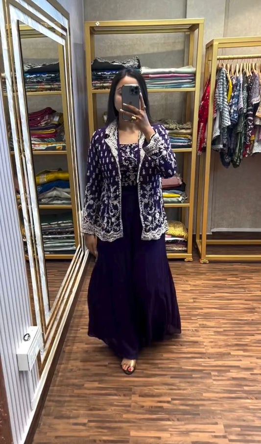 Outstanding Heavy Work Purple Color Palazzo Suit With Koti