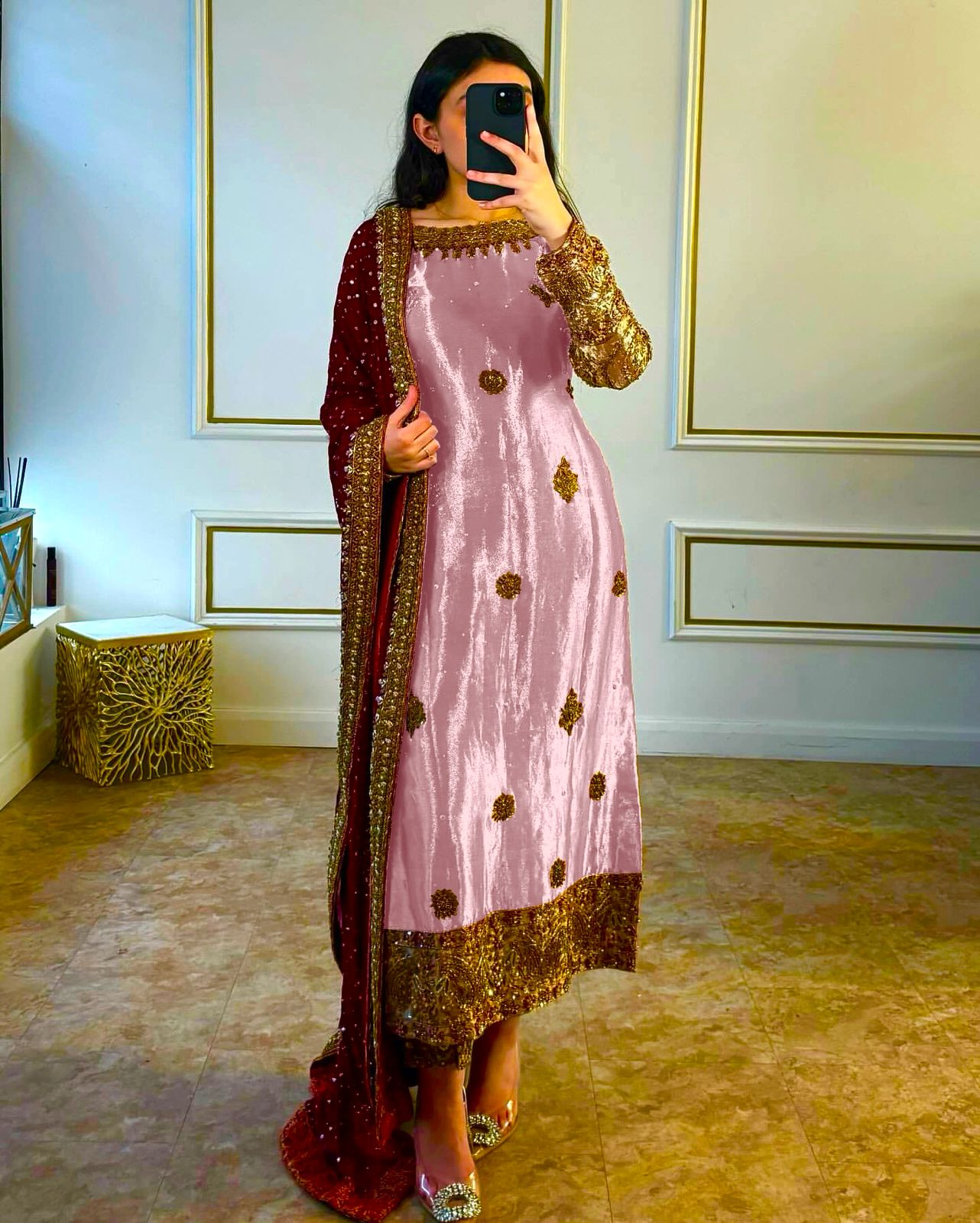Shine Pink Color Embroidery Work Salwar Suit With Dupatta