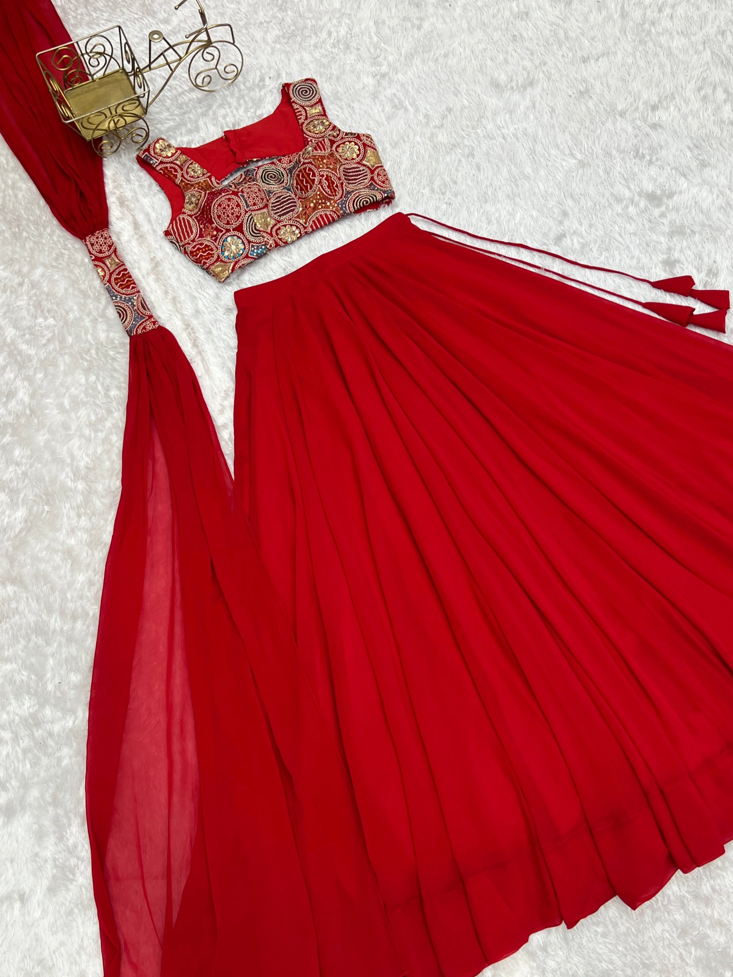 Glossy Red Color Pure Soft Fox Georgette Blooming Designer Ready to Wear Lehenga Choli
