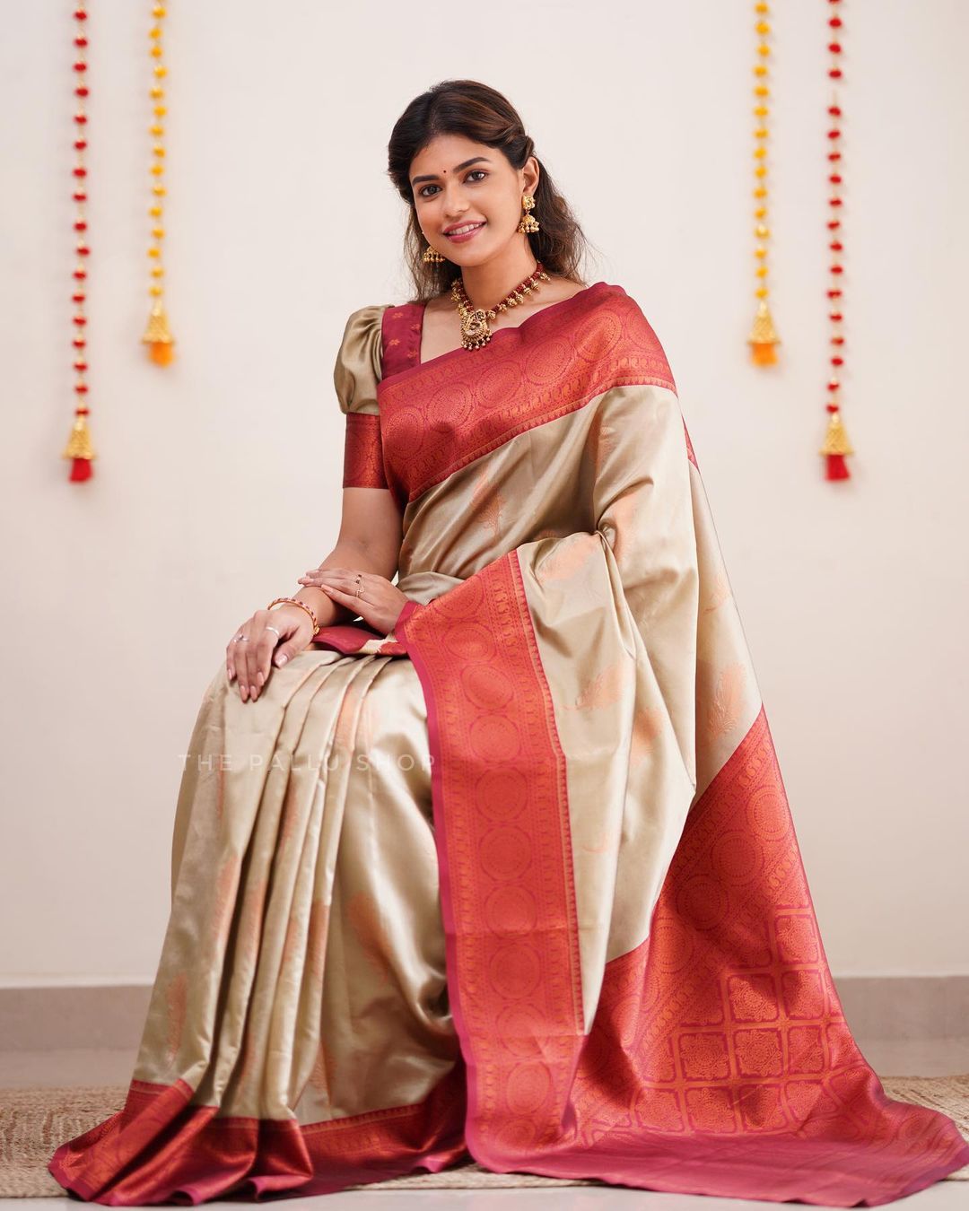 Beautiful Designer Cream Color Coper Jari Design Soft Silk Saree