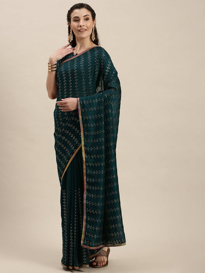 Imposing Sea Green Beads and Stones Work Saree