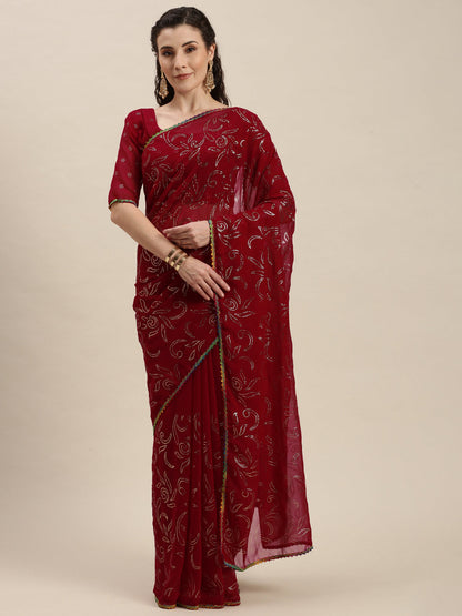 Elegant Dark Pink Beads and Stones Embroidered Saree