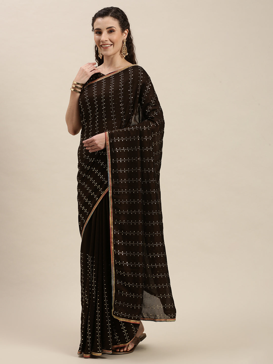 Gorgeous Brown Beads and Stones Work Saree