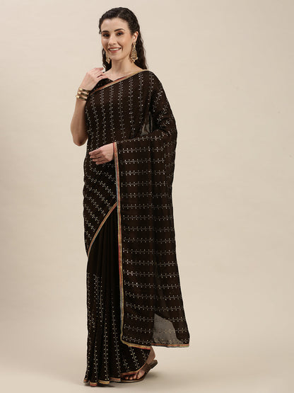 Gorgeous Brown Beads and Stones Work Saree