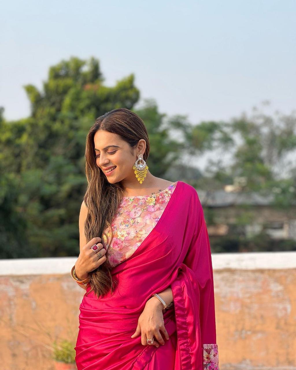 Ravishing Satin Silk Printed French Net Pink Color Saree