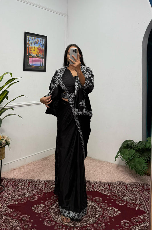 Designer Black Color Embroidery Work Saree With Koti