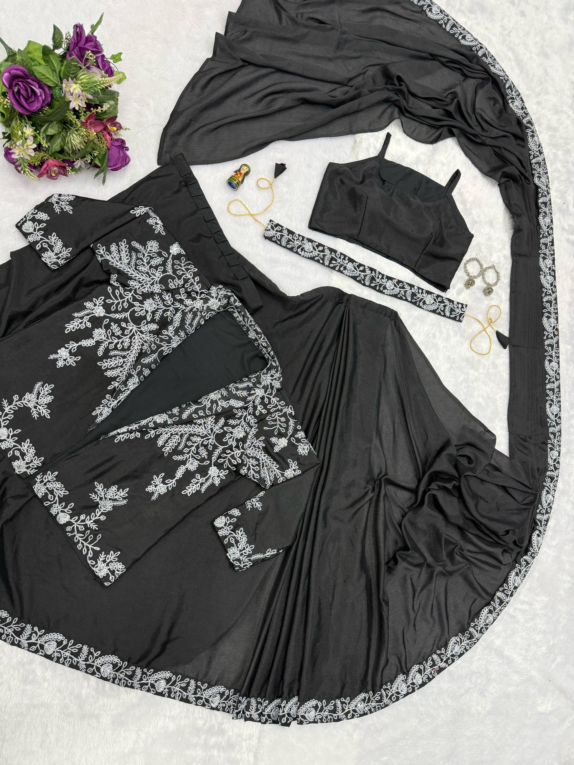 Designer Black Color Embroidery Work Saree With Koti