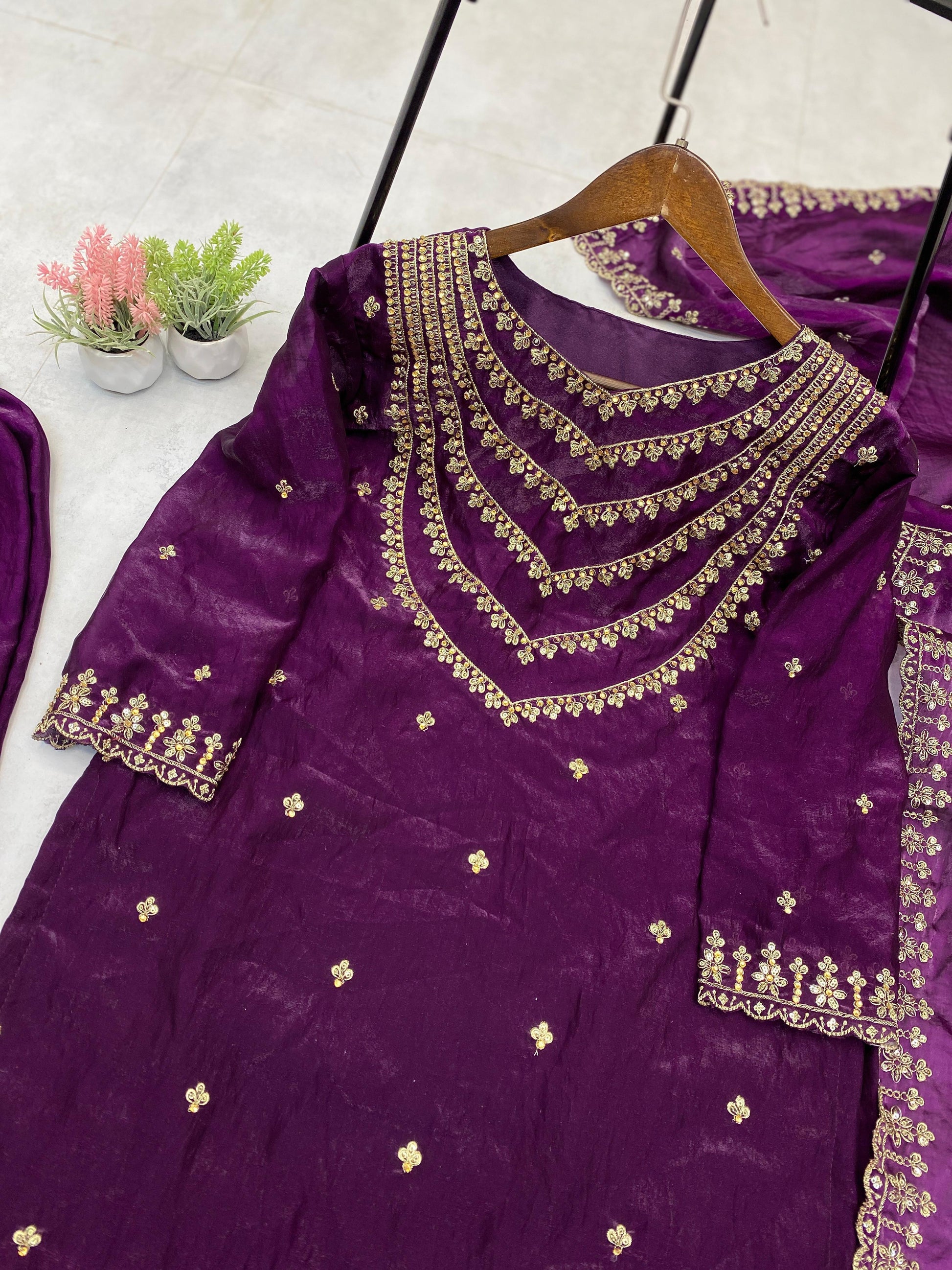 Good Looking Embroidery Work Wine Color Palazzo Suit
