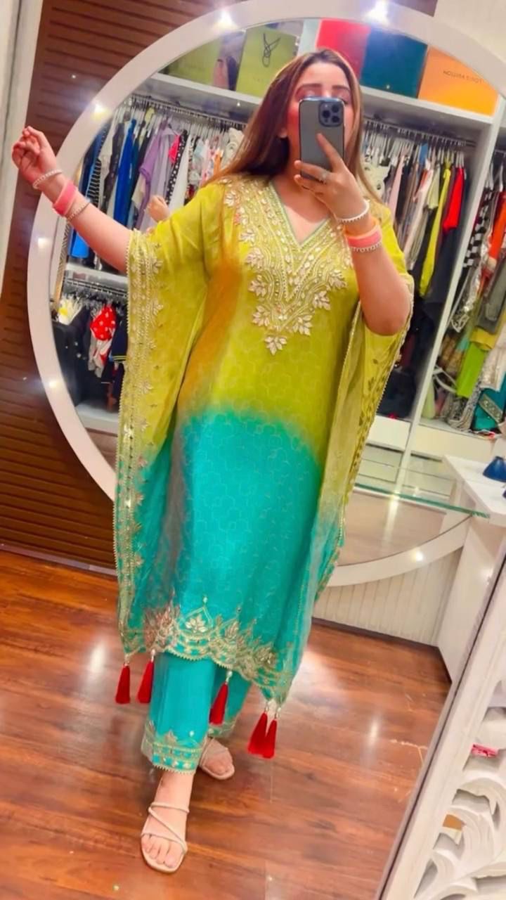 Preferable Chinon Embroidered Work Lemon Multi Color Kaftani Dress