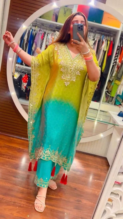 Preferable Chinon Embroidered Work Lemon Multi Color Kaftani Dress