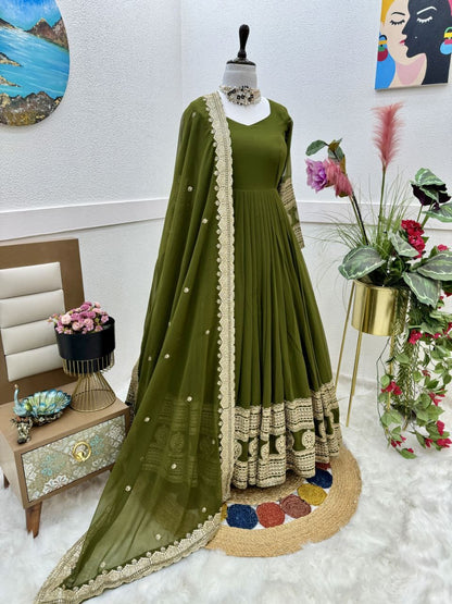 Wonderful Georgette Embroidery Work Mehndi Color Gown