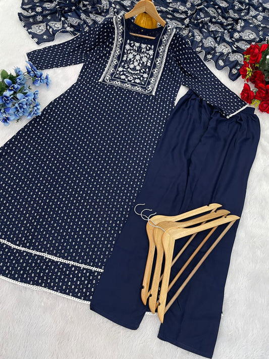 Charming Reyon With Foil Print Blue Color Anarkali Suit
