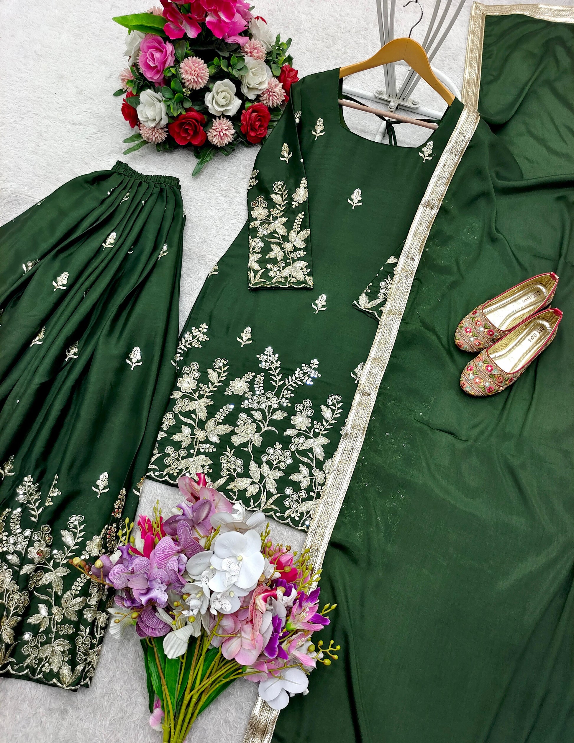 Wonderful Embroidery Work Green Color Sharara Suit