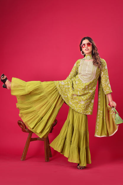 Designer Embroidery Work Perrot Color Sharara Suit