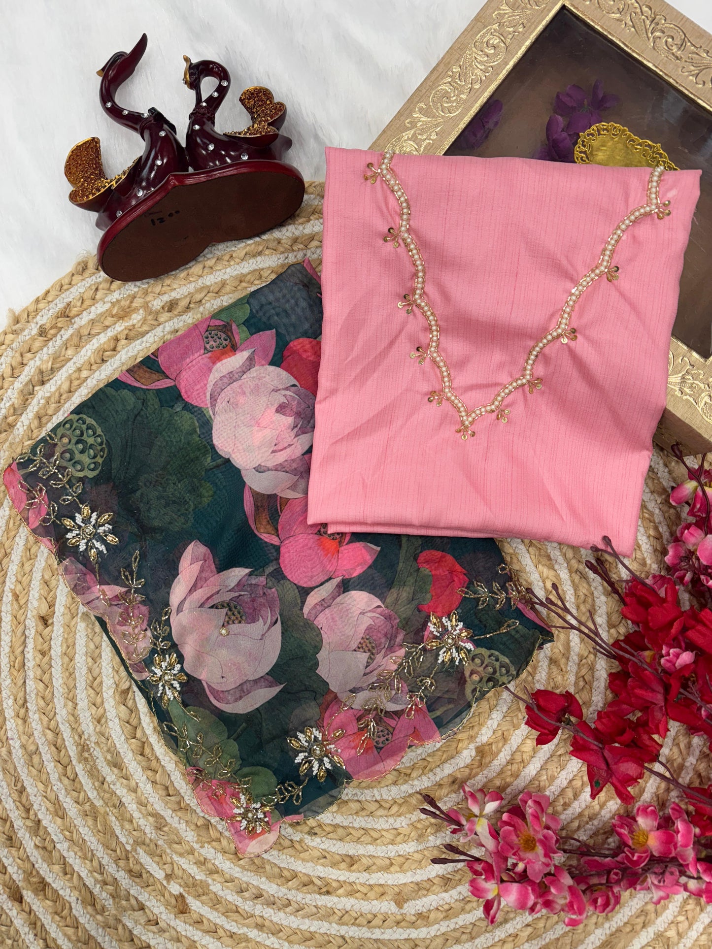 Classy Floral Print Teal Green Color Silk Saree