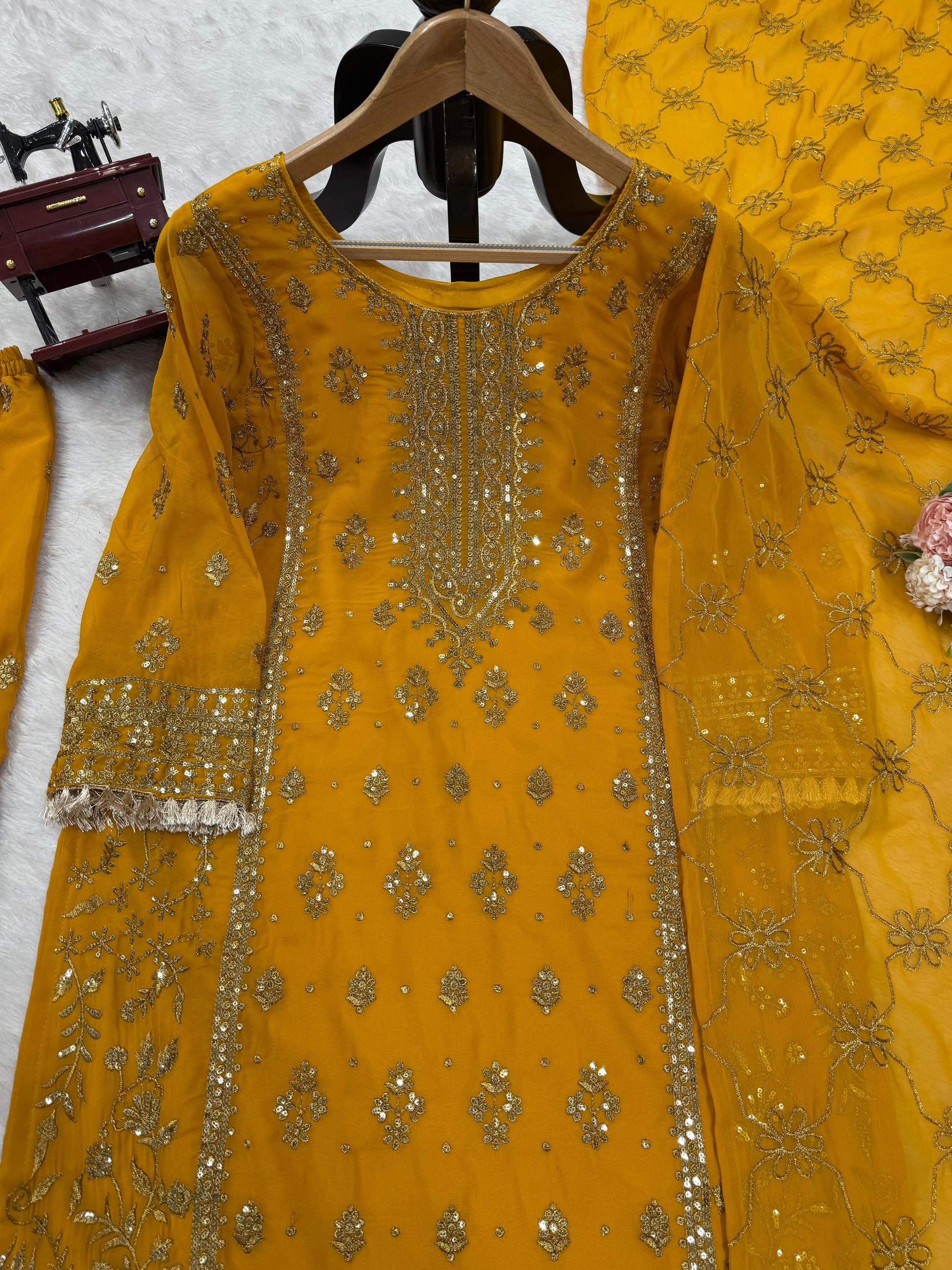 Look Designer Thread With Sequence Work Yellow Color Sharara Suit