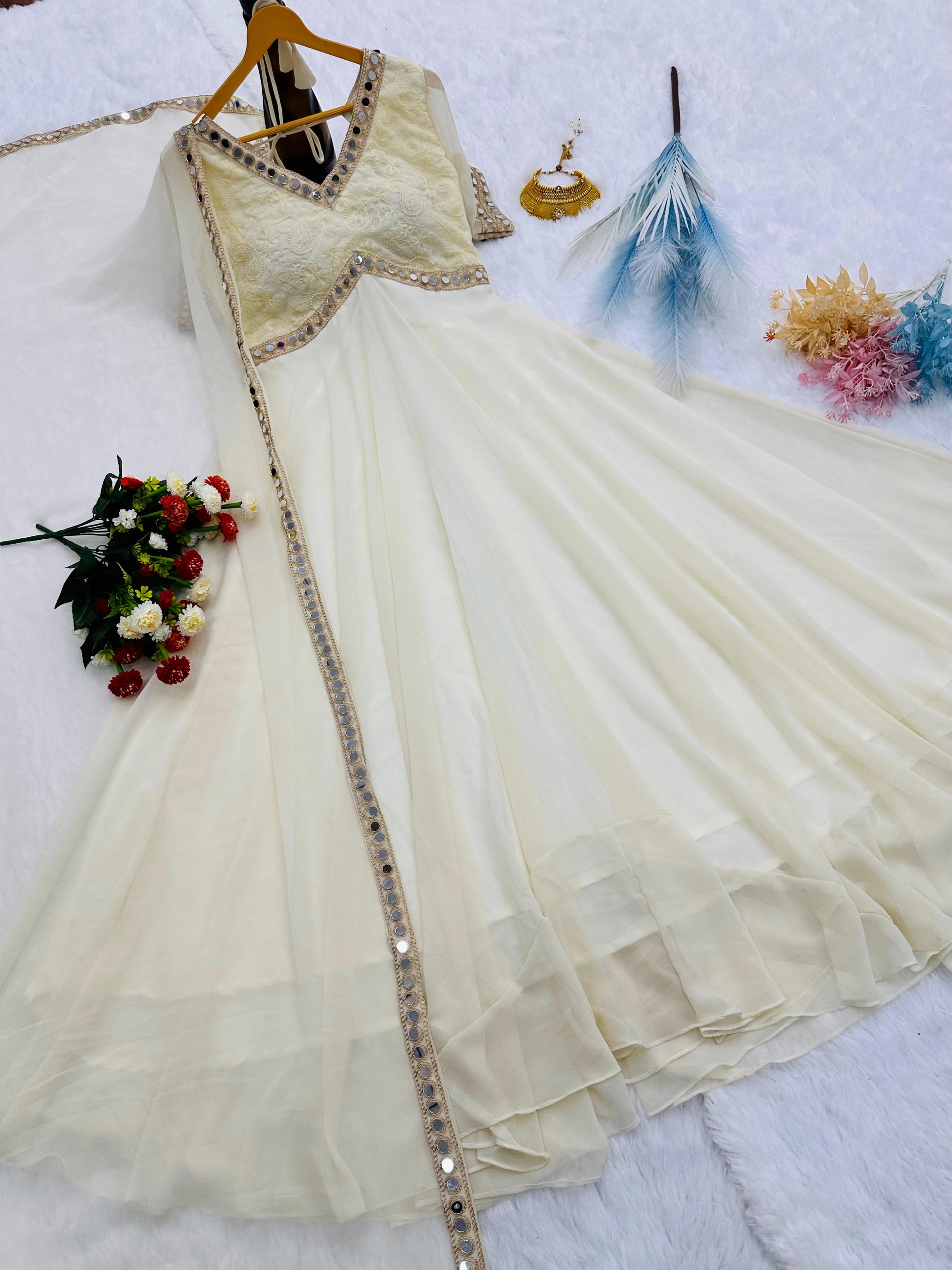 Fancy Embroidery Chikankari Work Off White Color Gown