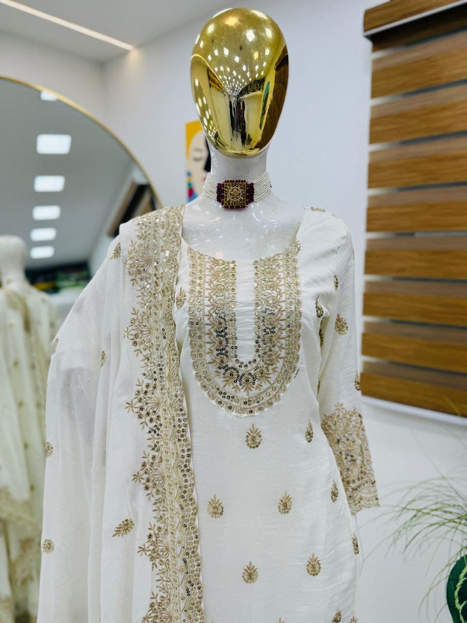 Function Wear Heavy Work White Color Sharara Suit