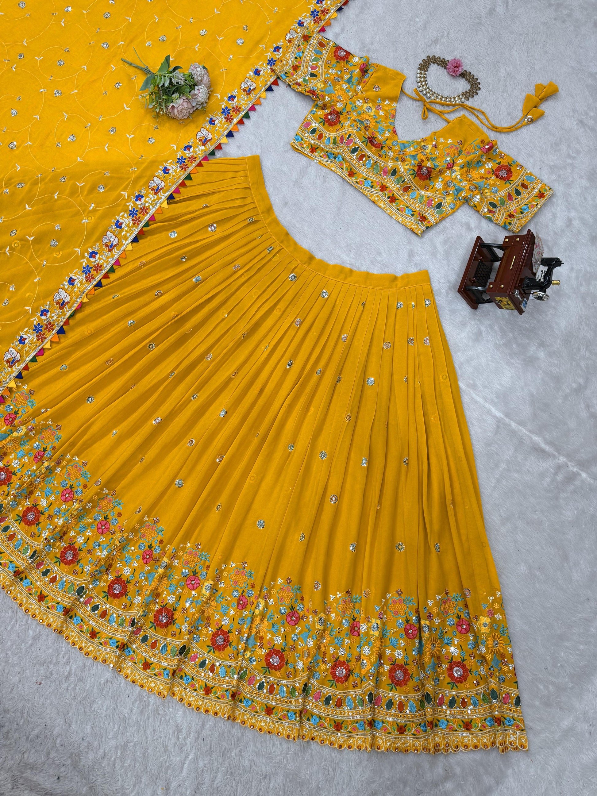 Multi Thread Work Georgette Mustard Color Lehenga Choli