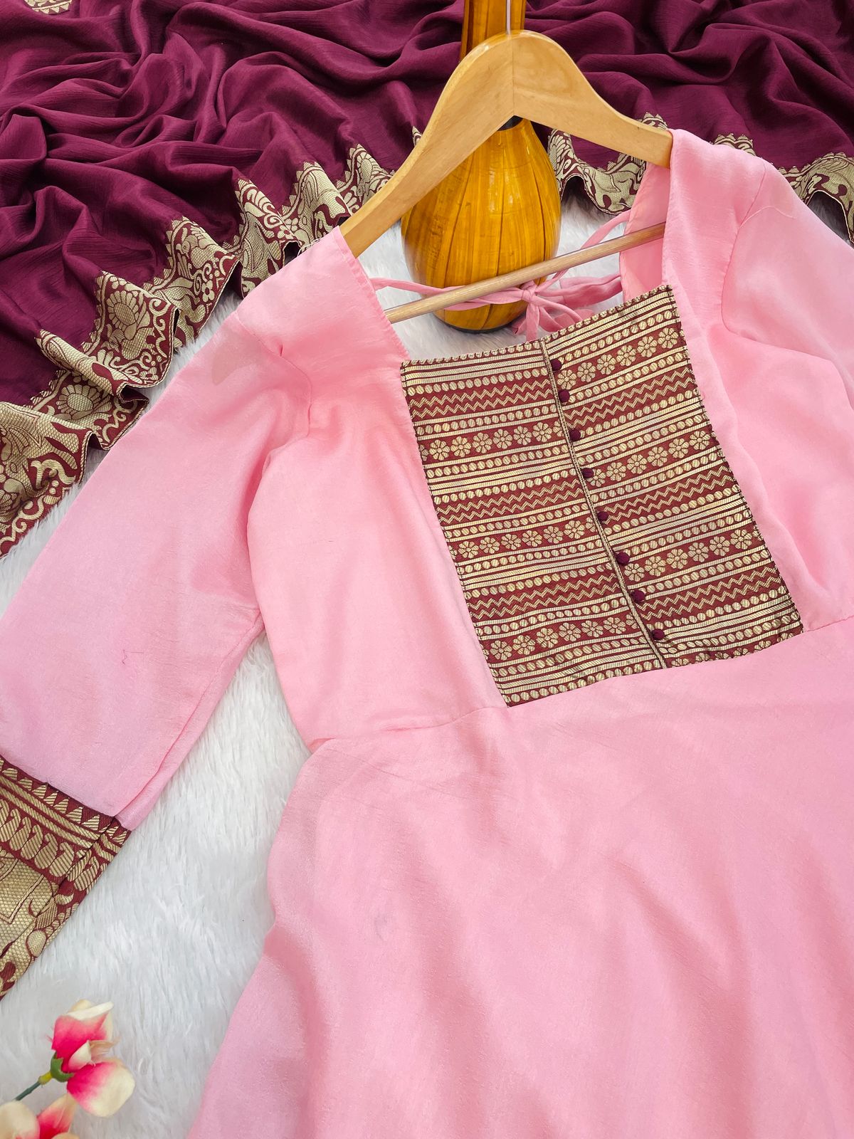 Awesome Zari Weaving Baby Pink Color Gown