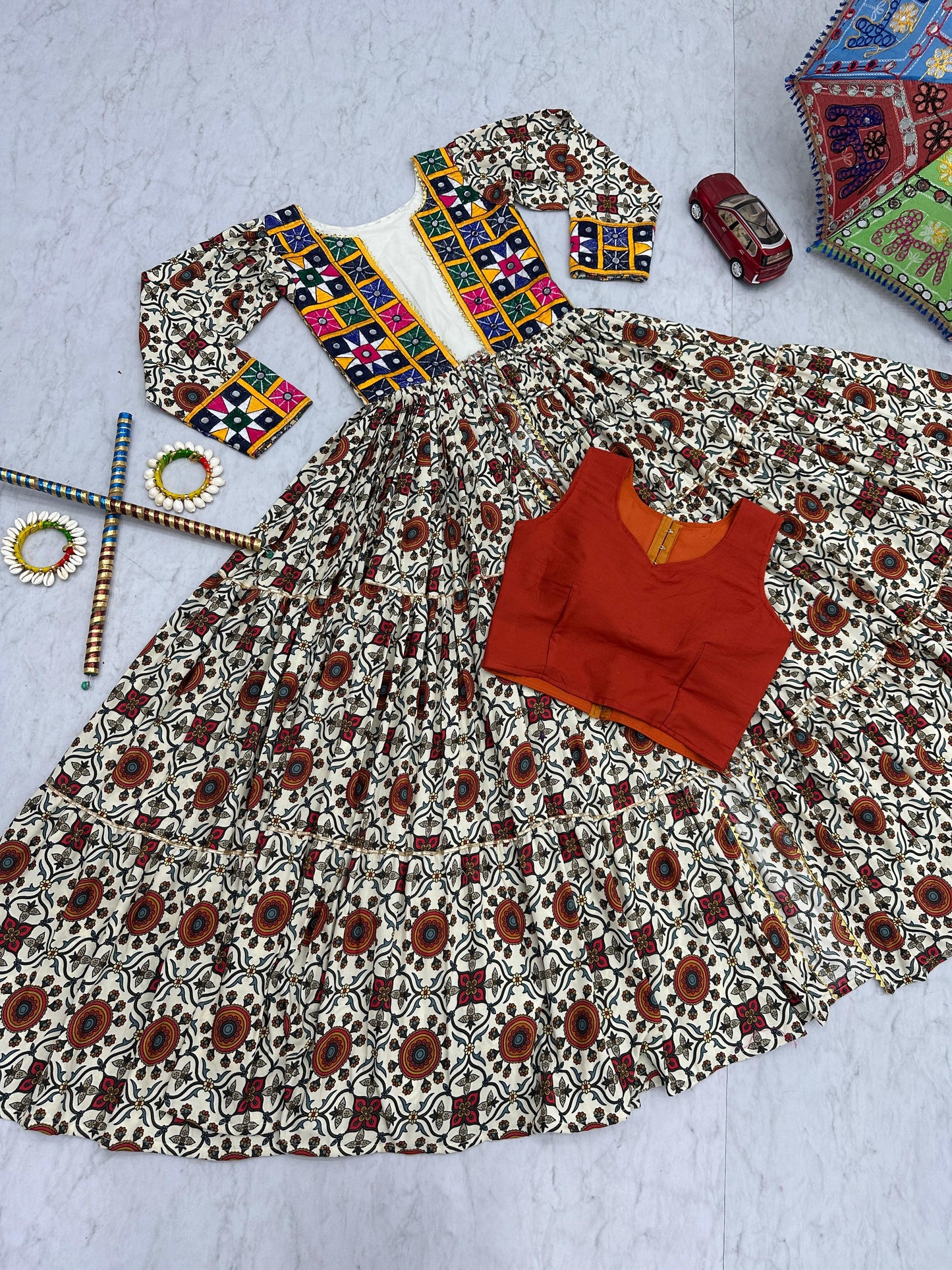 Navratri Festival Mirror Work Multi Color Lehenga Choli With Shrug