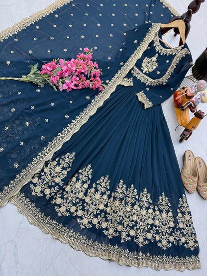 Designer Heavy Work Teal Green Color Gown