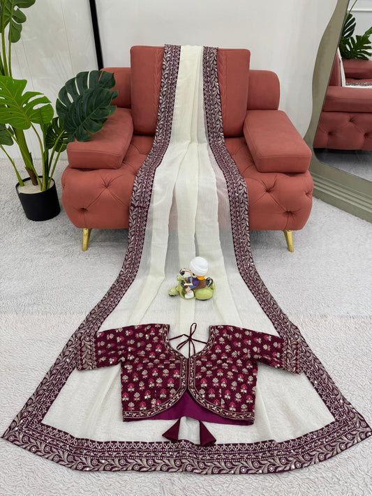 Pattern Wedding & Party Wear Thred  With Sequence Work White Color Designer Saree