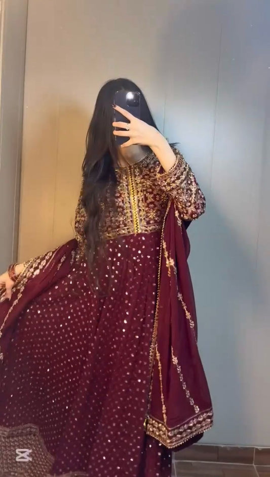 Fabulous Gorgette Maroon Color Gown