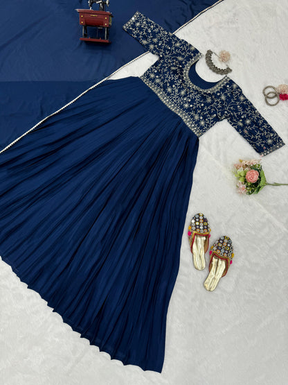 Awesome Real Mirror Work Navy Blue Color Gown