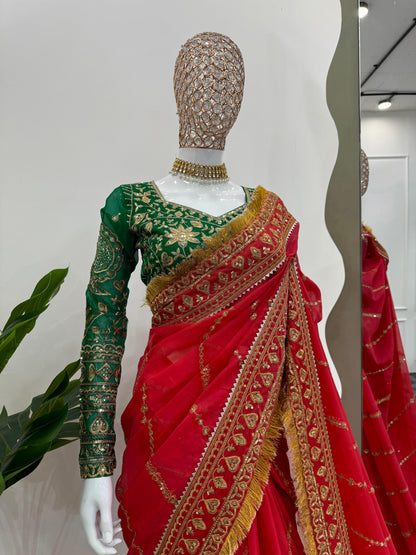 Jhanvi Kapoor Bollywood Organza Silk Red Color Sequnce Work Saree