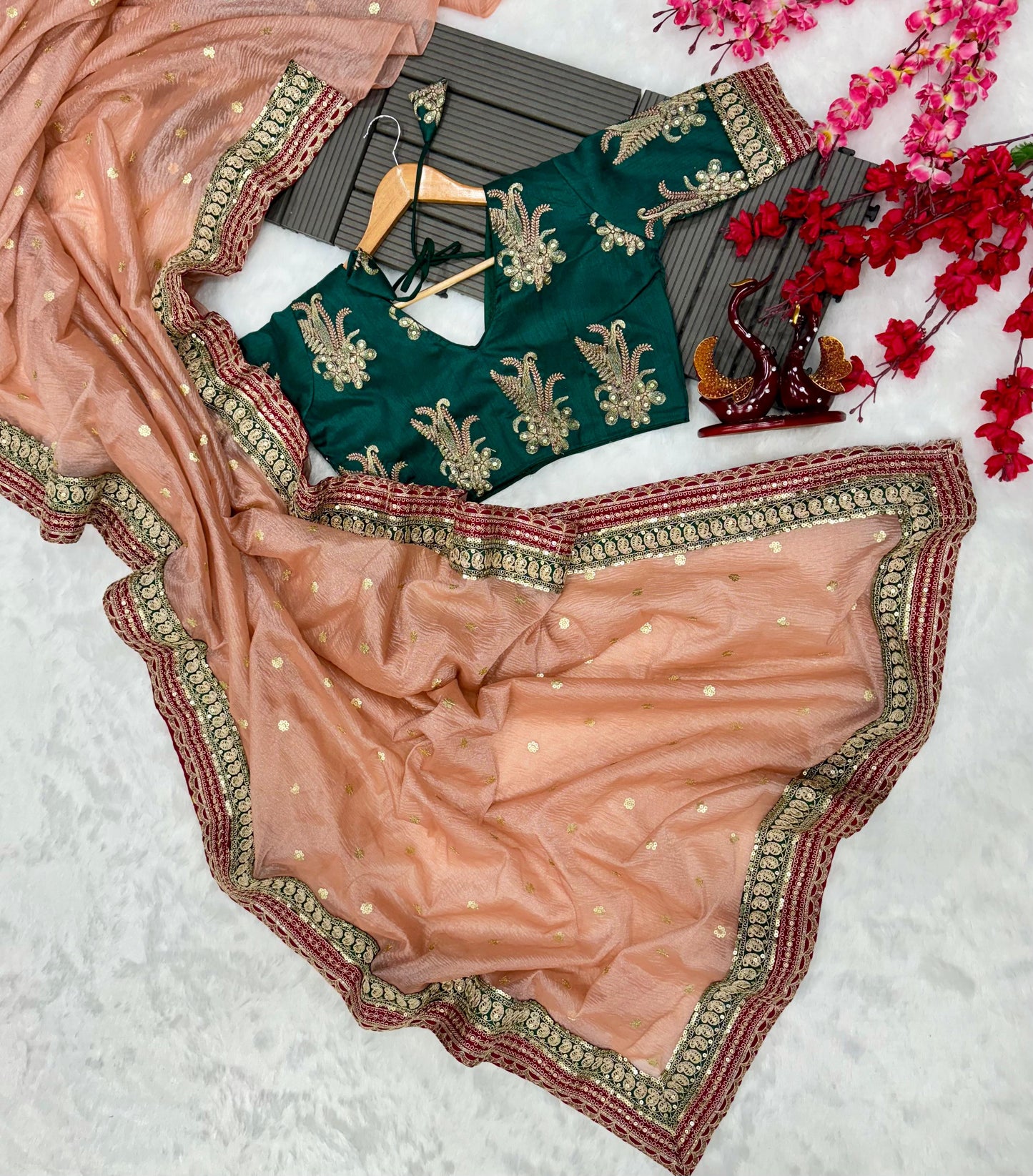 Party Wear Embroidery Work Peach Color Designer Saree