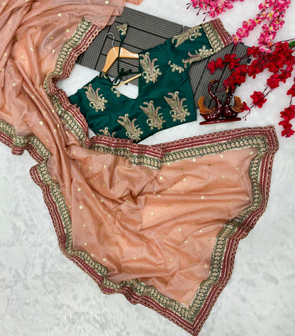 Party Wear Embroidery Work Peach Color Designer Saree