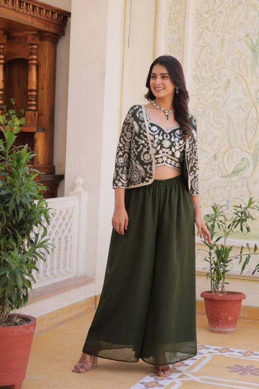 Glossy Georgette Lace Work Mehndi Color Palazzo Suit With Koti