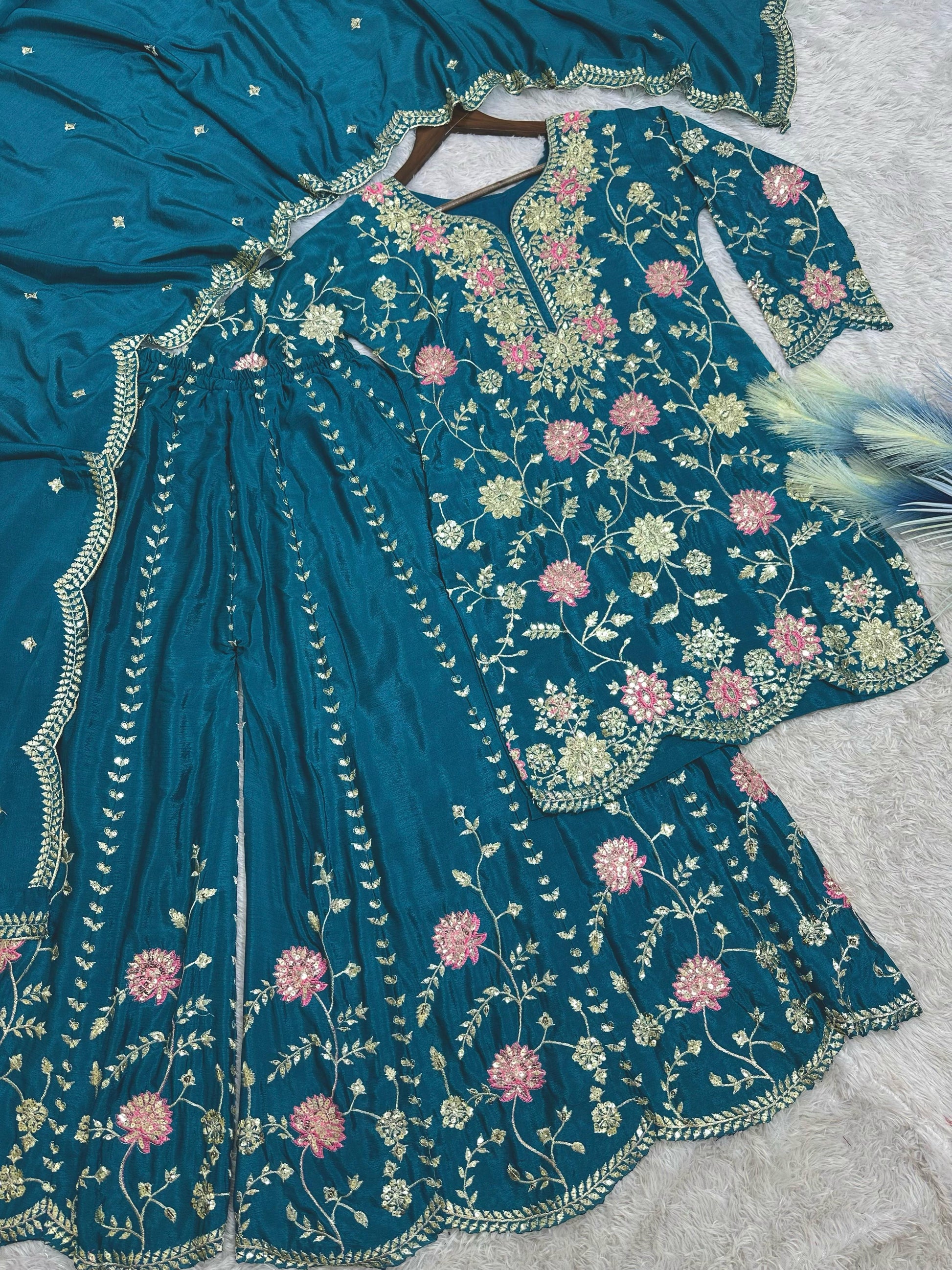 Outstanding Sequence And Thread Work Teal Blue Color Sharara Suit