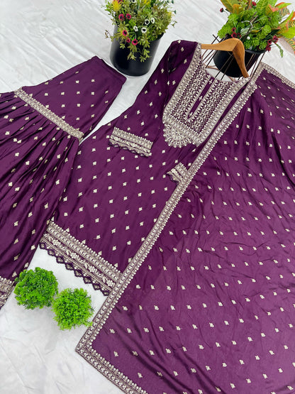 Heavy Embroidery Work Wine Color Sharara Suit