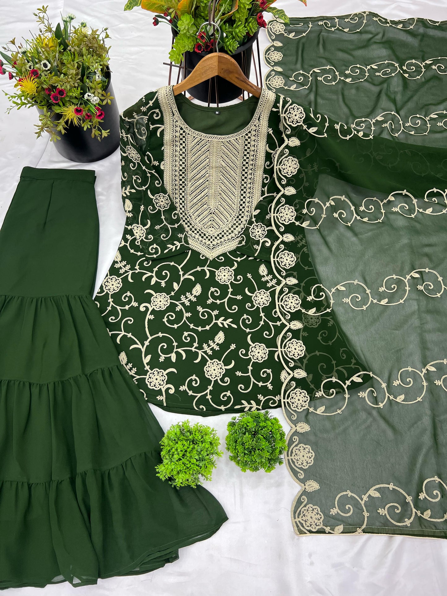 Designer Embroidery Work Green Color Sharara Suit
