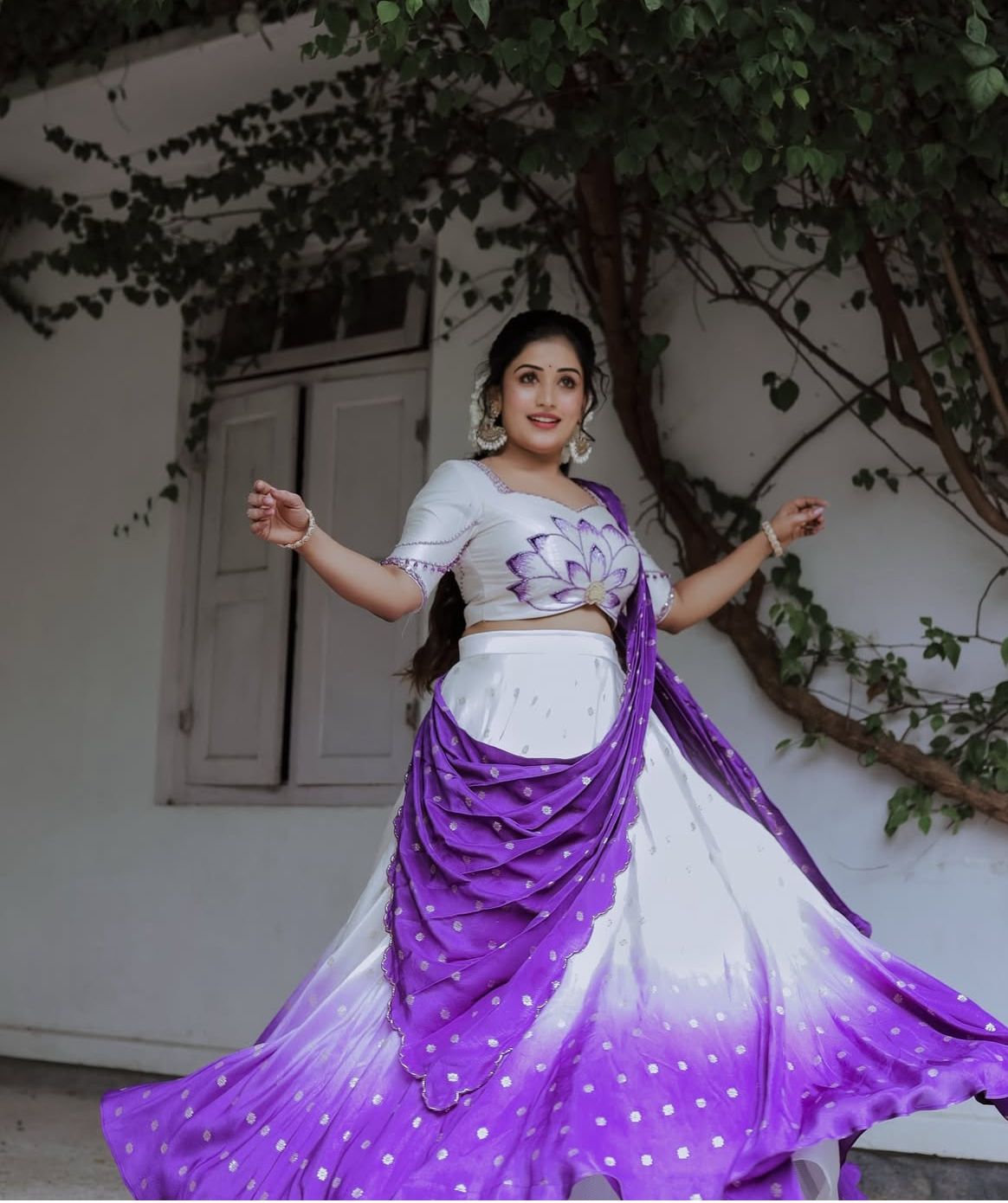 Demanding Chinon Digital Print White & Purple Color Lehenga Choli