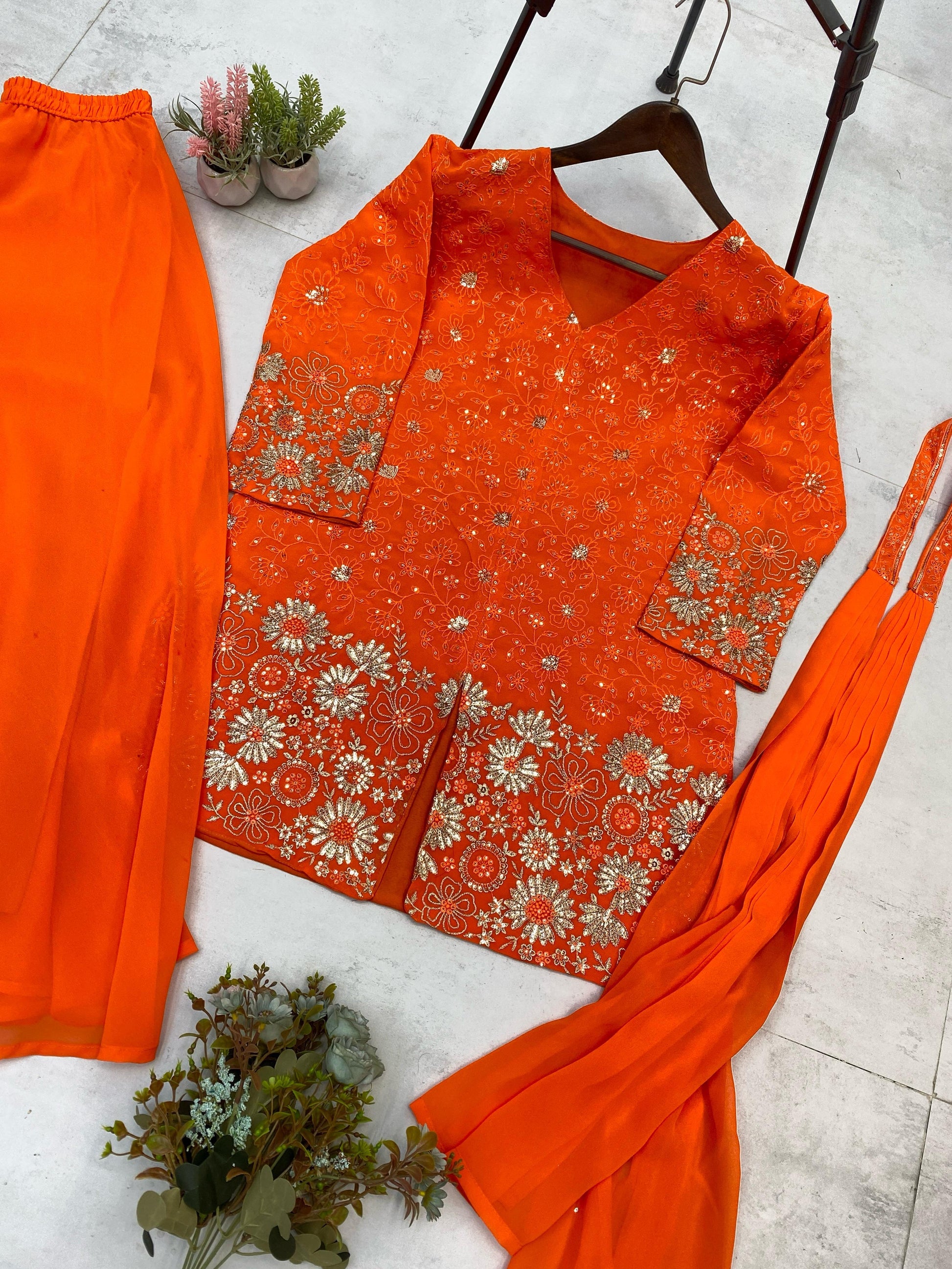 Stunning Georgette Orange Color Sharara Suit